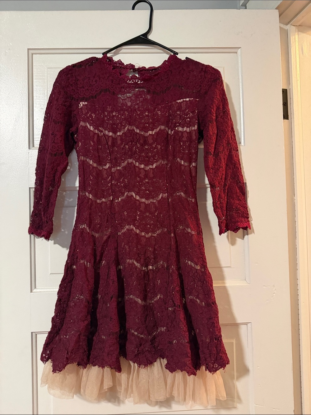 Women’s Lace Fit-and-Flare Dress in Burgundy with Tulle Hem